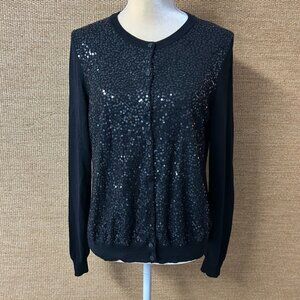 Talbots Cardigan Sweater Womens Medium Black Silk Blend Sequins
